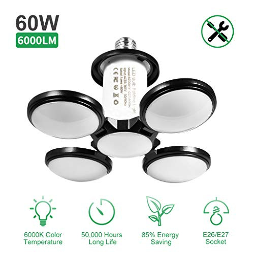 Youngnet Garage Light Ceiling LED Deformable, 6000LM E26/E27 Four-Leaf LED Garage Light Bulbs 60W LED Adjustable Tribright Light Garage Football Working Light for Shop Warehouse Basement (NO Sensor)