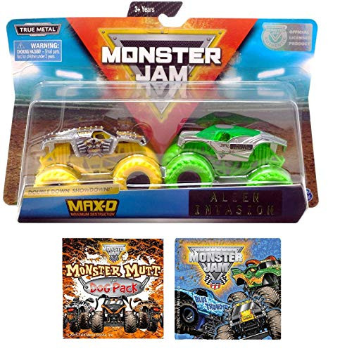 Monster Jam Double Down Showdown! Max-D Vs Alien Invasion & Two MJ Sticker. 3 Items Bundle