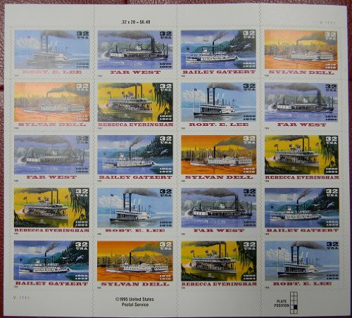 1996 RIVERBOATS #3095a Pane of 20 x 32 cents US Postage Stamps