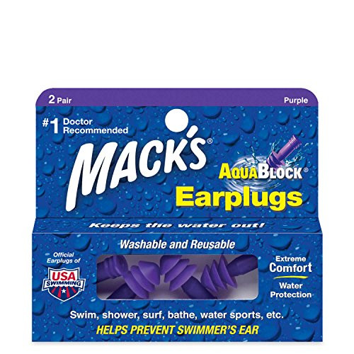 Mack's AquaBlock Swimming Earplugs - Comfortable, Waterproof, Reusable Silicone Ear Plugs for Swimming, Snorkeling, Showering, Surfing and Bathing