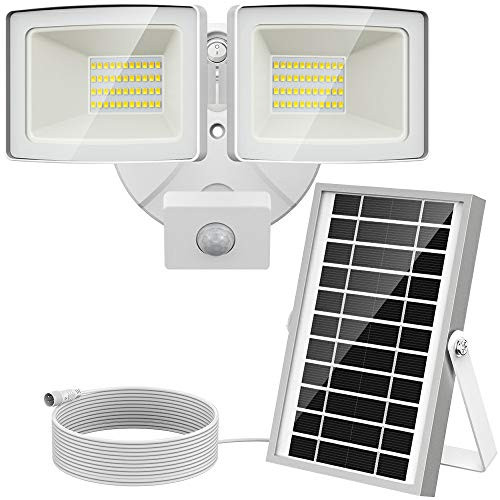 Olafus Solar Motion Sensor Lights Outdoor, 2000LM Dual Heads Solar Powered LED Flood Light with PIR, IP65 Waterproof Security Light, 16.4ft Wire 5000K Motion Activated Outside Lighting for Porch Yard