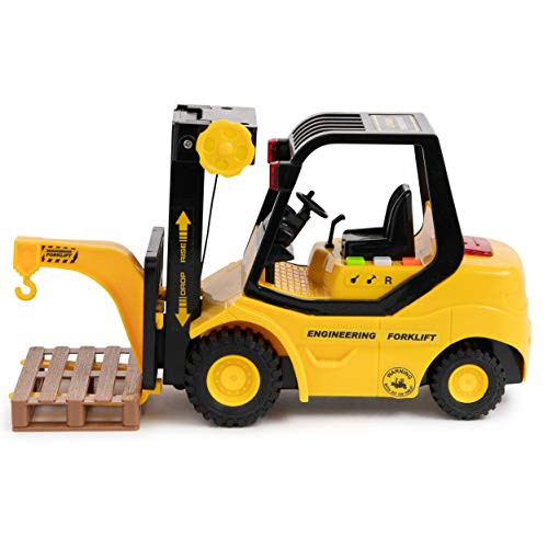 Toy To Enjoy Forklift Truck with Pallet & Cargo  Friction Powered Wheels & Manual Lifting Control - Heavy Duty Plastic Lifting Vehicle Toy for Kids & Children