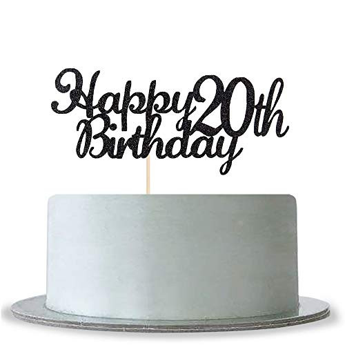 Happy 20th Birthday Cake Topper, Black Glitter Hello 20 Cake Topper,Anniversary Party Decoration