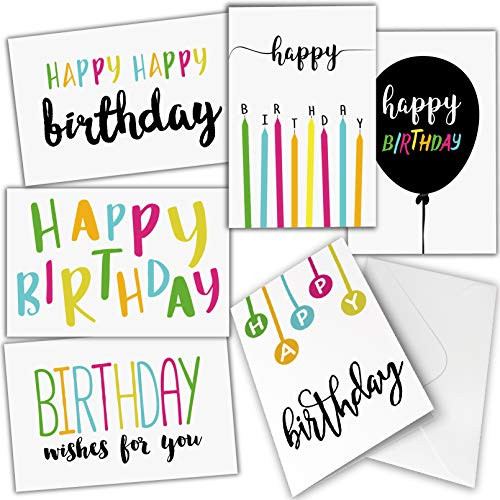 Happy Birthday Cards, 96 Pack Assorted Folded Kids Birthday Greeting Blank Note Cards and White Envelopes, 6 Handwritten Modern Style Colorful Designs. Happy Birthday Cards, 96 Pack Assorted Folded Kids Birthday Greeting Blank Note Cards and White Envelopes, 6 Handwritten Modern Style Colorful Designs.