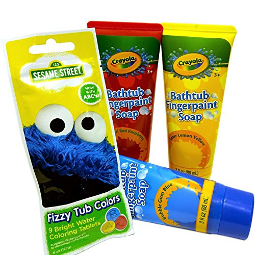 Crayola Bathtub Fingerpaint Soaps and Sesame Street Bath Fizzers Bundle with Four Items: 3 Tubes of Soap Paints and 1 Packet of Fizzers Crayola Bathtub Fingerpaint Soaps and Sesame Street Bath Fizzers Bundle with Four Items: 3 Tubes of Soap Paints and 1 Packet of Fizzers