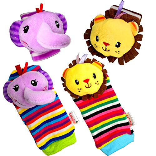 COSMARK Baby Wrist Rattles, Infant Baby Animal Wrist Rattles and Foot Finder Socks Set (4 Packs) (Lion)
