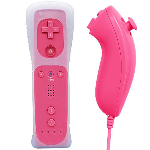 Wii Remote Controller, Remote Controller and Nunchuk Controller with Silicon Case and Wrist Strap Compatible with Nintendo Wii and Wii U (Pink)