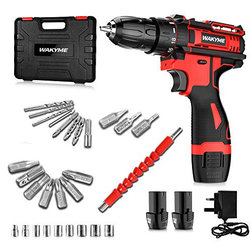 WAKYME 12.6V Cordless Drill Driver Kit, Power Drill with 2 Batteries,30Nm, 18+3 Clutch, 3/8" Keyless Chuck, LED Light, Variable Speed Electric Screw Driver for Drilling Wall, Bricks, Wood, Metal