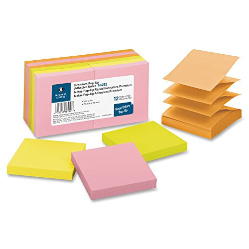 Business Source Pop-Up Adhesive Notes - 3 x 3 Inches - Pack of 12 Pads of 100 - Neon