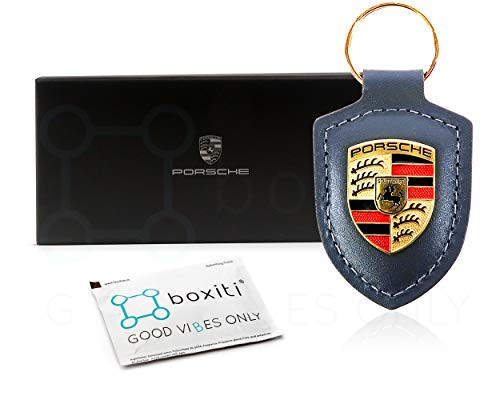 Genuine Key Chain Ring for Porsche Vehicle Keys (82mm x 43mm) Porsche Crest Keyfob with Fine Dark Grey Leather Fob for Porsche Owners