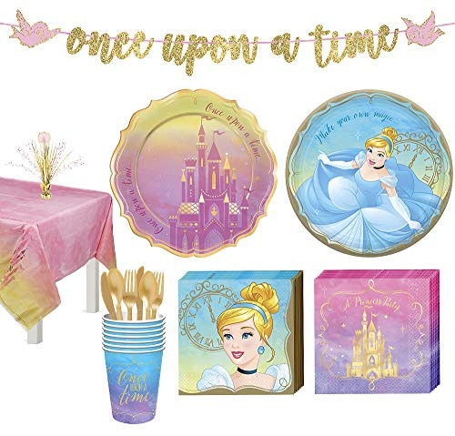 Party City Disney Princess Cinderella Tableware Kit for 8 Guests, Includes Cups, Cutlery, Napkins, Plates, and Decor