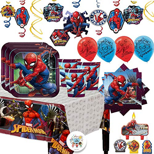 Spiderman MEGA Birthday Party Supplies Pack For 16 Guests With Decorations With Plates, Cups, Napkins, Tablecover, Candle, Swirl Decorations, 6 Balloons, and Exclusive Pin