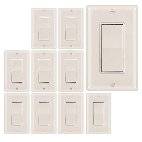 (10 Pack) Dependable Direct Paddle Rocker Light Switch with Wall Plates - UL Listed, 15A 120V/277V, Single Pole, One Way, Self-Grounding, Almond On/Off Decorative Light Switch