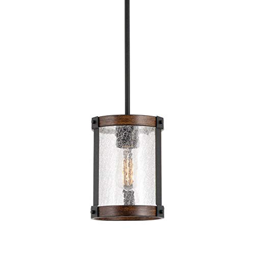 Kira Home Hadley 9" Modern Farmhouse Pendant Light, Crackled Glass Shade, Textured Black + Wood Style Dark Walnut Finish Kira Home Hadley 9" Modern Farmhouse Pendant Light, Crackled Glass Shade, Textured Black + Wood Style Dark Walnut Finish