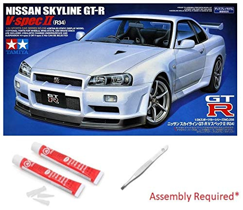 Tamiya Nissan Skyline GT-R R34 V-Spec II 1/24 Scale Model Kit - Includes Two Tubes of Testors Cement Glue and Spice of Life Tweezers Tamiya Nissan Skyline GT-R R34 V-Spec II 1/24 Scale Model Kit - Includes Two Tubes of Testors Cement Glue and Spice of Life Tweezers
