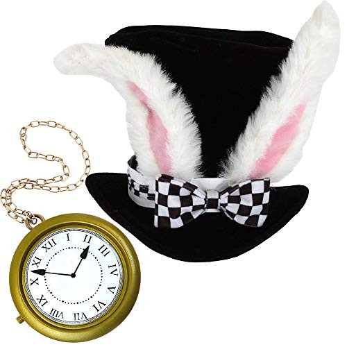 White Rabbit Hat Costume Accessory with White Oversized Rabbit Clock Necklace. Halloween Costume Accessory for - Alice in Wonderland Costume, White Rabbit, Mad Hatter Costume, Hip Hop Rapper Clock