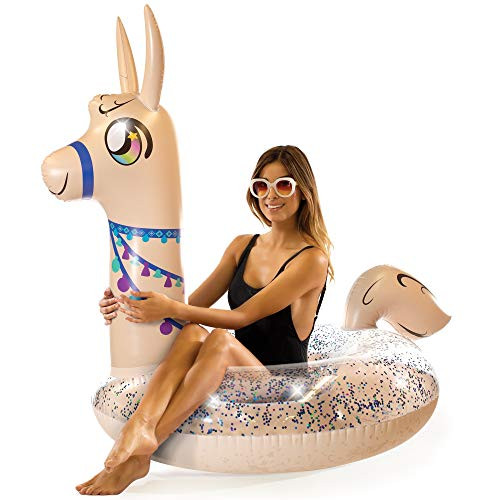 Poolcandy Glitter Llama Jumbo Beach & Pool Tube - 48" Diameter Glitterfied Inflatable Swim Float.