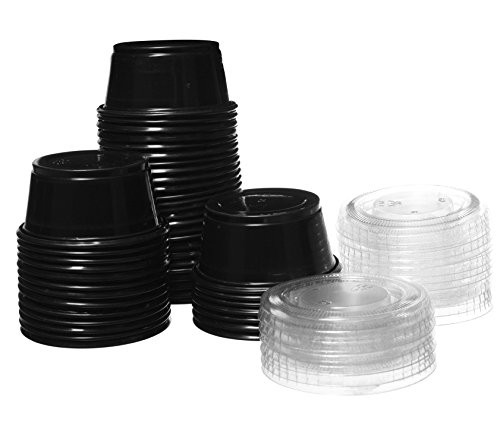 Crystalware, Disposable 1.5 oz. Plastic Portion Cups with Lids, Condiment Cup, Jello Shot, Soufflé Portion, Sampling Cup, 100 Sets  Black Cups with Clear Lids