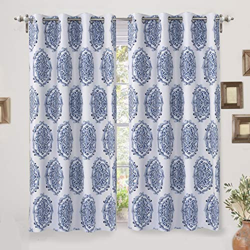 DriftAway Emily Medallion Floral Pattern Energy Saving Thermal Insulated Blackout Window Curtain Grommet 2 Layers 2 Panels 52 Inch by 63 Inch Navy Blue