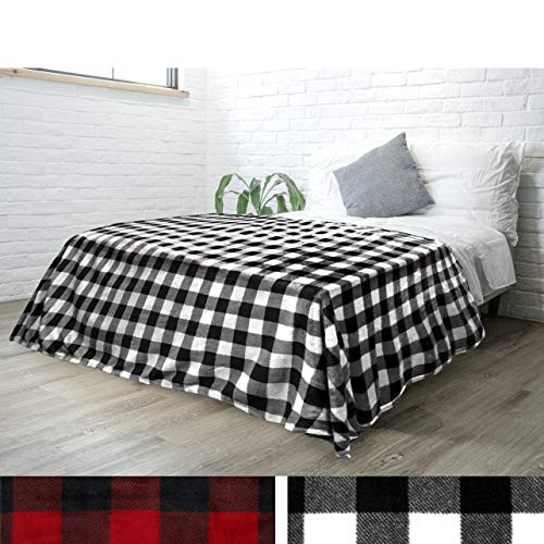 PAVILIA Flannel Fleece Buffalo Checker Blanket for King Bed | Super Soft Velvet Plaid Pattern Checkered Decorative Throw | Warm Cozy Lightweight Microfiber | 90 x 108 Inches Plaid White/Black