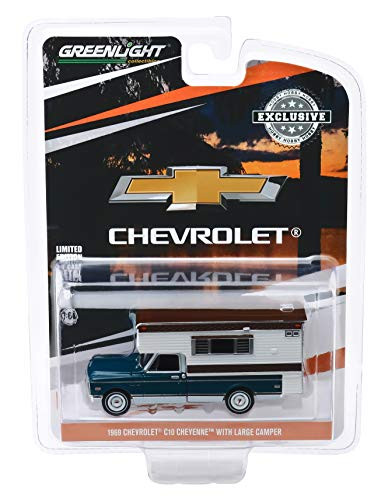 1969 Chevrolet C10 Cheyenne Pickup Truck with Large Camper Hobby Exclusive 1/64 Diecast Model Car by Greenlight 30121