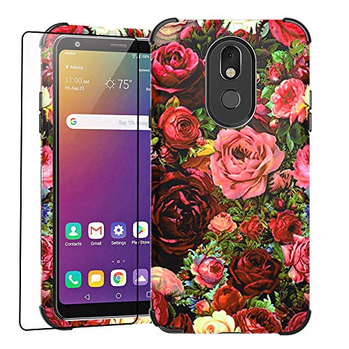 WZOKA Floral Case for LG Stylo 5 Case, Stylo 5 Plus Case, Stylo 5V Case with Tempered Glass Screen Protector, Hybrid Dual Layers 3 in 1 Solid Floral Case (Red)