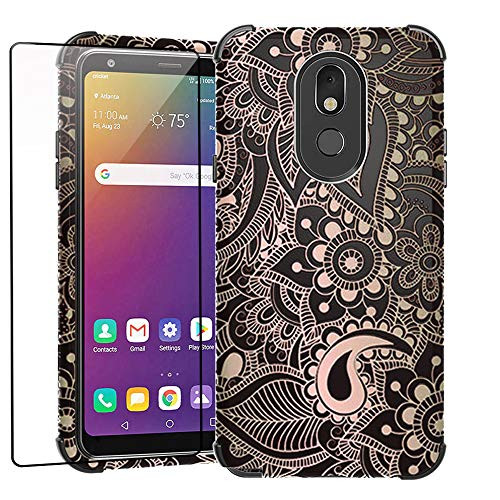 WZOKA for LG Stylo 5 Case, Stylo 5V Case, LG Stylo 5 Plus Case, Hybrid Dual Layers Floral Case with Tempered Glass Screen Protector (Black/Gold)