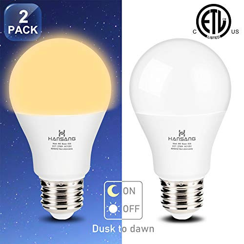 A19 LED Dusk to Dawn Light Bulb,Hansang Sensor Light Bulbs with Photocell,2700K Warm White,9W (60W Equivalent),E26 Medium Base,Outdoor Light Bulb for Porch,Patio,Hallway,Auto On/Off,750LM,2 Pack