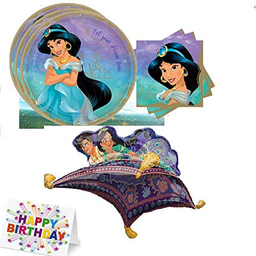 Jasmine Princess Aladdin Decoration Party Bundle: Round Lunch Plates Napkins and Jumbo Mylar Balloon Plus Birthday Card