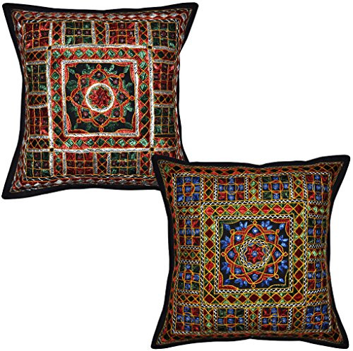 Lalhaveli Living Room Decor Embroidery Work Design Cotton Chrismtas Cushion Cover 16 X 16 Inches Set of 2 Pcs