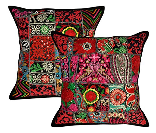 Lalhaveli Living Room Decorative Handmade Embroidery Cotton Cushion Cover 18 X 18 Inches Set of 2 Pcs