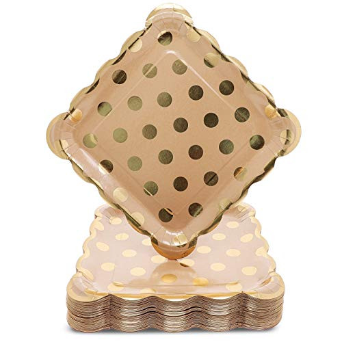 Juvale 48-Pack Kraft Gold Foil Dots 9 Inch Paper Party Plates for Lunch, Dessert, or Appetizer