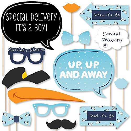 Big Dot of Happiness Boy Special Delivery - Blue Its A Boy Stork Baby Shower Photo Booth Props Kit - 20 Count