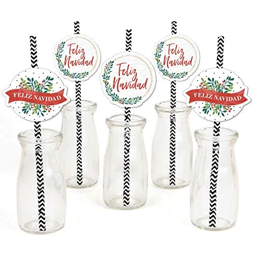 Big Dot of Happiness Feliz Navidad - Paper Straw Decor - Holiday and Spanish Christmas Party Striped Decorative Straws - Set of 24