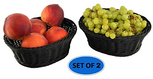 HOME-X Oval Plastic Woven Wicker Basket, Bread Baskets-Table Decor and Storage-Dark Gey-Set of 2 9.5"L x 8"W x 3.5"H