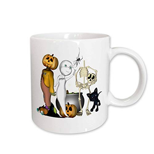 3dRose Cute Halloween Toons with Ghost Jack Skeleton and Black Cat Ceramic Mug, 11-Ounce