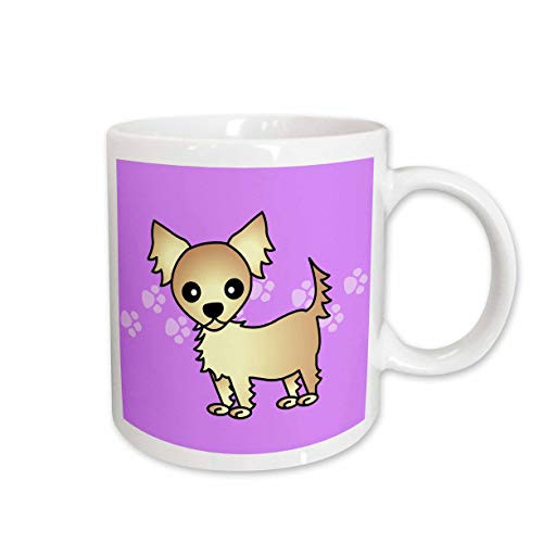 3dRose Cute Cream Tan Longhaired Chihuahua Purple with Paw Prints Ceramic Mug, 11-Ounce
