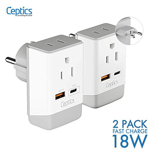 European Schuo Travel Plug Adapter with QC 3.0 & PD by Ceptics Safe Dual USB & USB-C - 2 USA Socket - Compact & Powerful - Use in Greece Italy Switzerland Turkey Portugal - Type C, E/F - Fast Charging