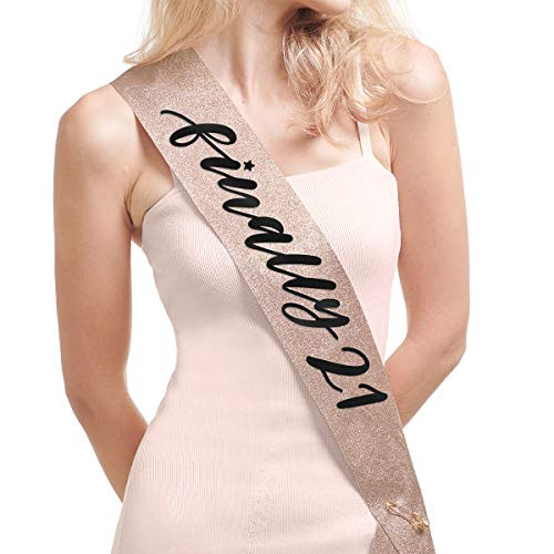 xo, Fetti Birthday Sash Finally 21 - Rose Gold Glitter + Black Foil | Birthday Party Decorations - 21st, Birthday Girl, Queen