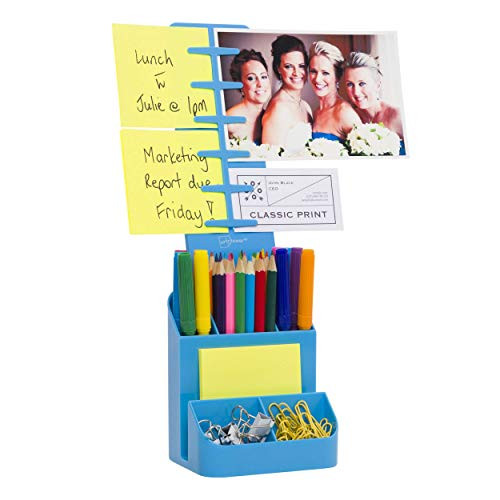 NoteTower Desk Organizer Pencil and Pen Holder with Sticky Note Holder and Photo Display - 6 Compartment Office Desk Accessory - Includes 50 Sticky Notes - Blue