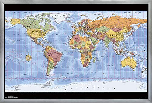 Trends International Map - World Time Zones, 22.375" x 34", Silver Framed Version