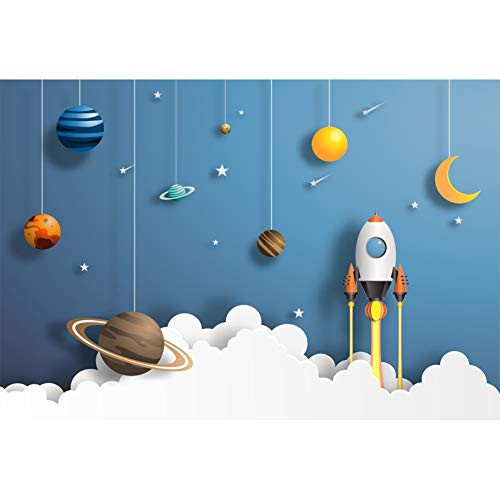 DORCEV 7x5ft Cartoon Spaceship Photography Backdrop Kids Boys Space Theme Birthday Party Background Universe Planet Mysterious Galaxy School Activity Pupils Shoots Video Props