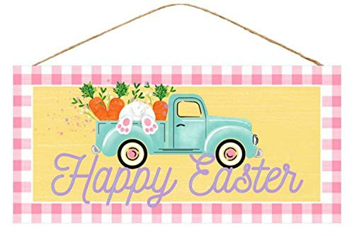 Craig Bachman, 12" Wooden Sign: Happy Easter Truck - Easter Bunny Wood Wall or Door Hanger Sign