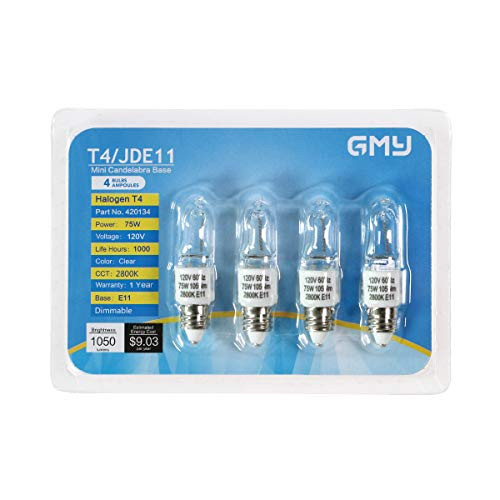 4-Pack JDE11 120V 75W T4 Halogen Bulb Dimmable Mini Candelabra Base Warm White for Chandeliers, Ceiling Fan, Cabinet Lighting, Table Lamps