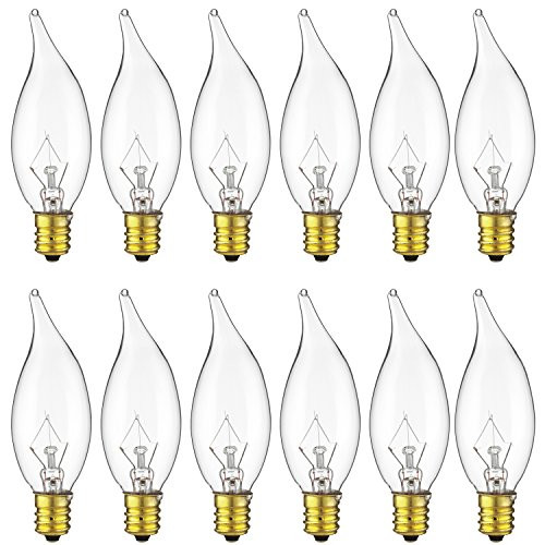 Sunlite 10CFC/25/12PK Flame Tip 10W Incandescent Petite Chandelier Light Bulb, Candelabra (E12) Base, Crystal Clear Bulb (12 Pack)