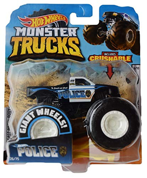 Hot Wheels Monster Trucks 1:64 Scale Police 26/75 Includes Crushable Car, Black/White