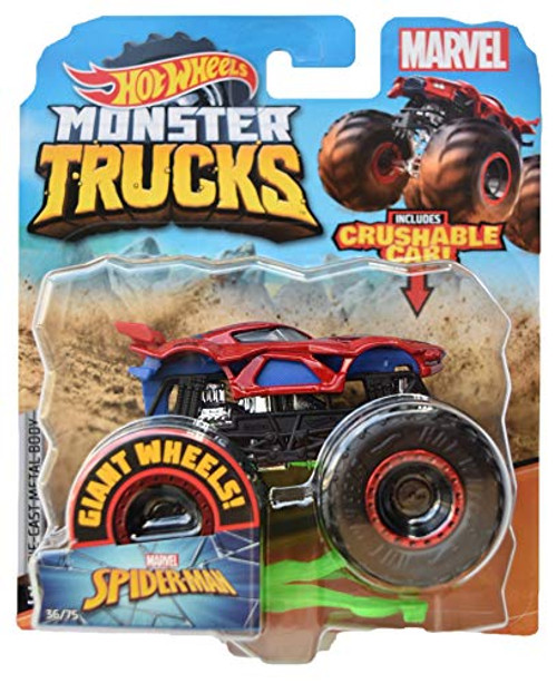 Hot Wheels Monster Trucks 1:64 Scale Spider Man 36/75 Crushable Car, red Hot Wheels Monster Trucks 1:64 Scale Spider Man 36/75 Crushable Car, red