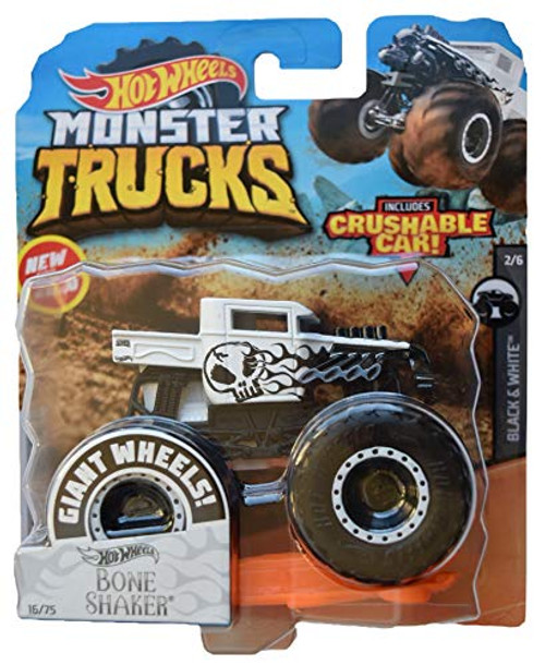 Hot Wheels Monster Trucks 1:64 Scale Bone Shaker 16/75 Crushable Car, Black/White