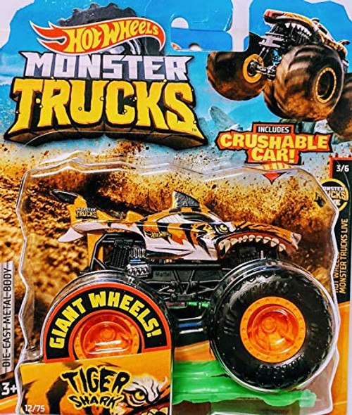 Hot Wheels Monster Jam Tiger Shark Includes Crushable Car 12/75 Monster Trucks Live 3/6