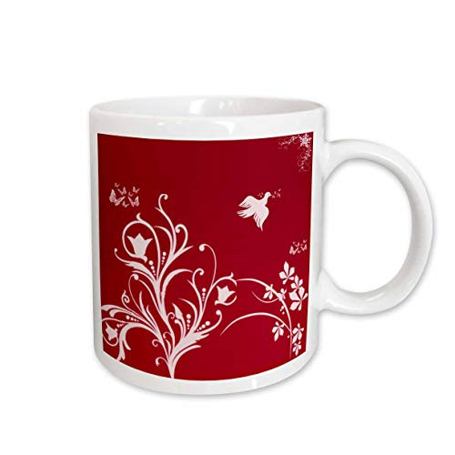 3dRose Floral Pattern in White on a Red Background with Dove and Butterflies. Ceramic Mug, 11-Ounce